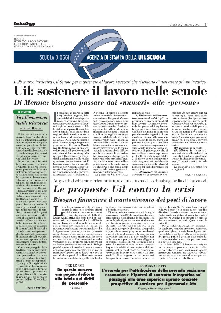 Marzo 2009. Uil: sostenere il lavoro nelle scuole