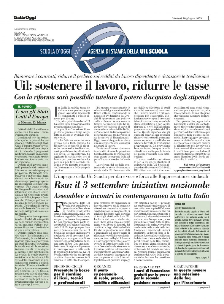 Giugno 2009. Uil: sostenere il lavoro, ridurre le tasse
