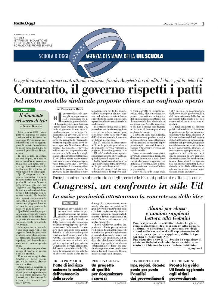 Settembre 2009. Contratto, il governo rispetti i patti