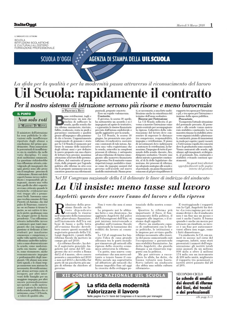 Marzo 2010. Uil Scuola: rapidamente il contratto