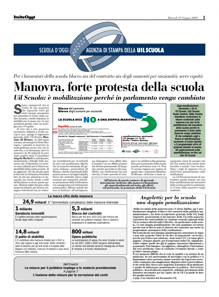 Giugno 2010. Manovra, forte protesta della scuola