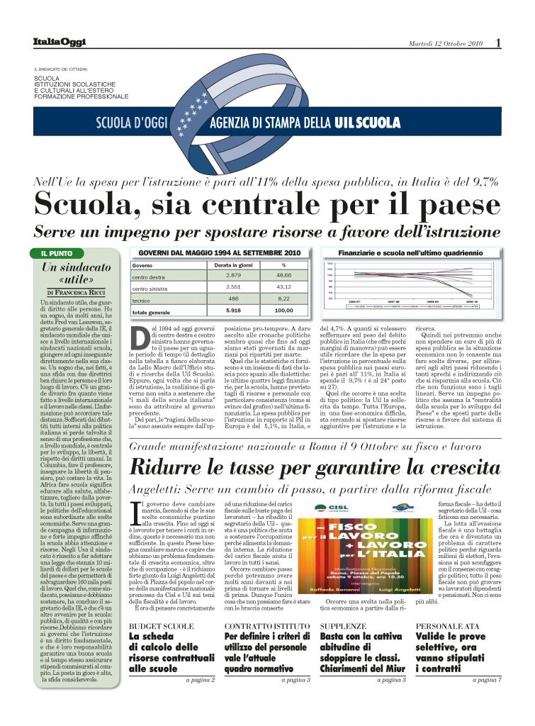 Ottobre 2010. Scuola, sia centrale per il paese