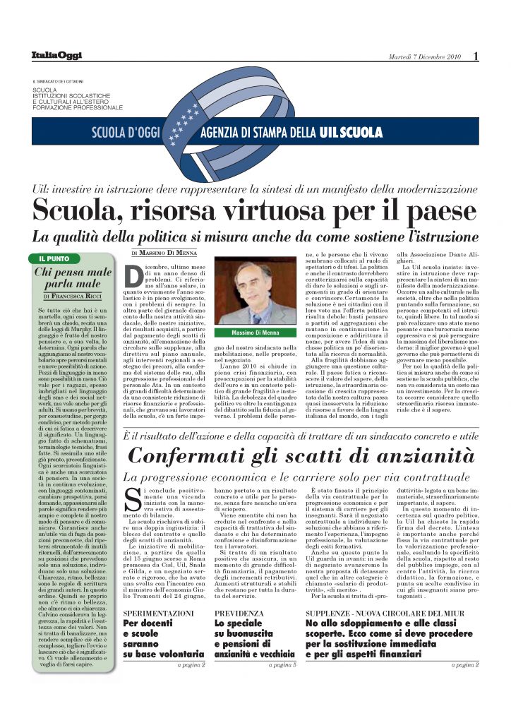 Dicembre 2010. Scuola, risorsa virtuosa per il paese