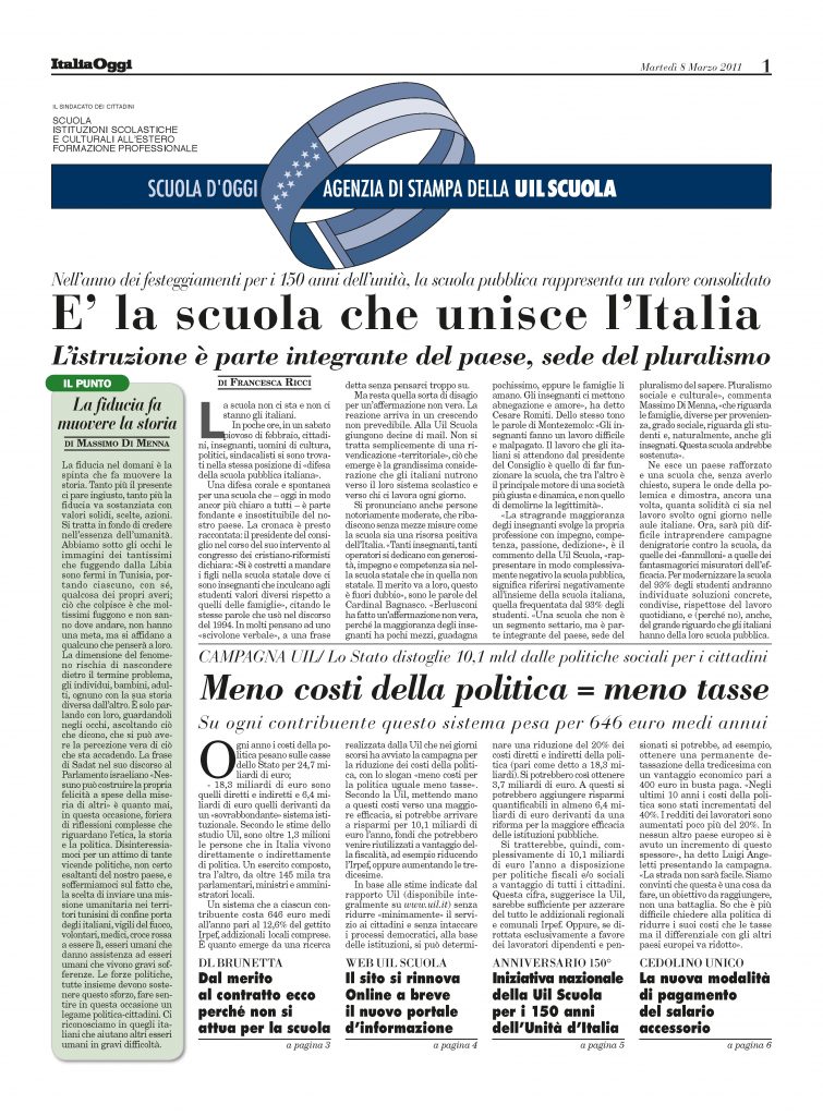 Marzo 2011. E’ la scuola che unisce l’Italia