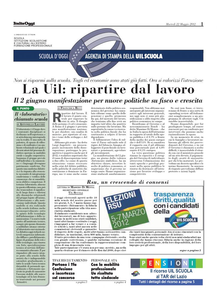 Maggio 2012. La Uil: ripartire dal lavoro