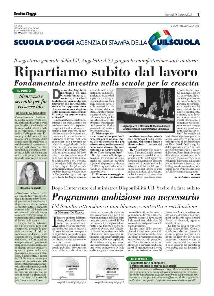 Giugno 2013. Ripartiamo subito dal lavoro