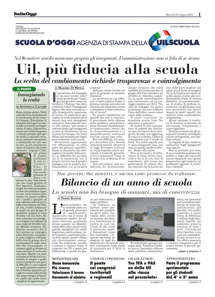 Giugno 2014. Uil, più fiducia alla scuola
