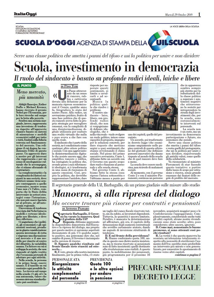 Ottobre 2019: Scuola, investimento in democrazia