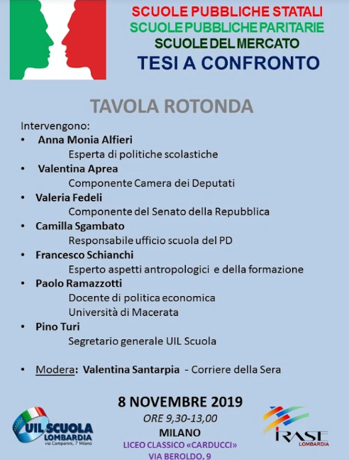 Tavola rotonda: scuole pubbliche statali, scuole pubbliche paritarie, scuole del mercato: tesi a confronto.