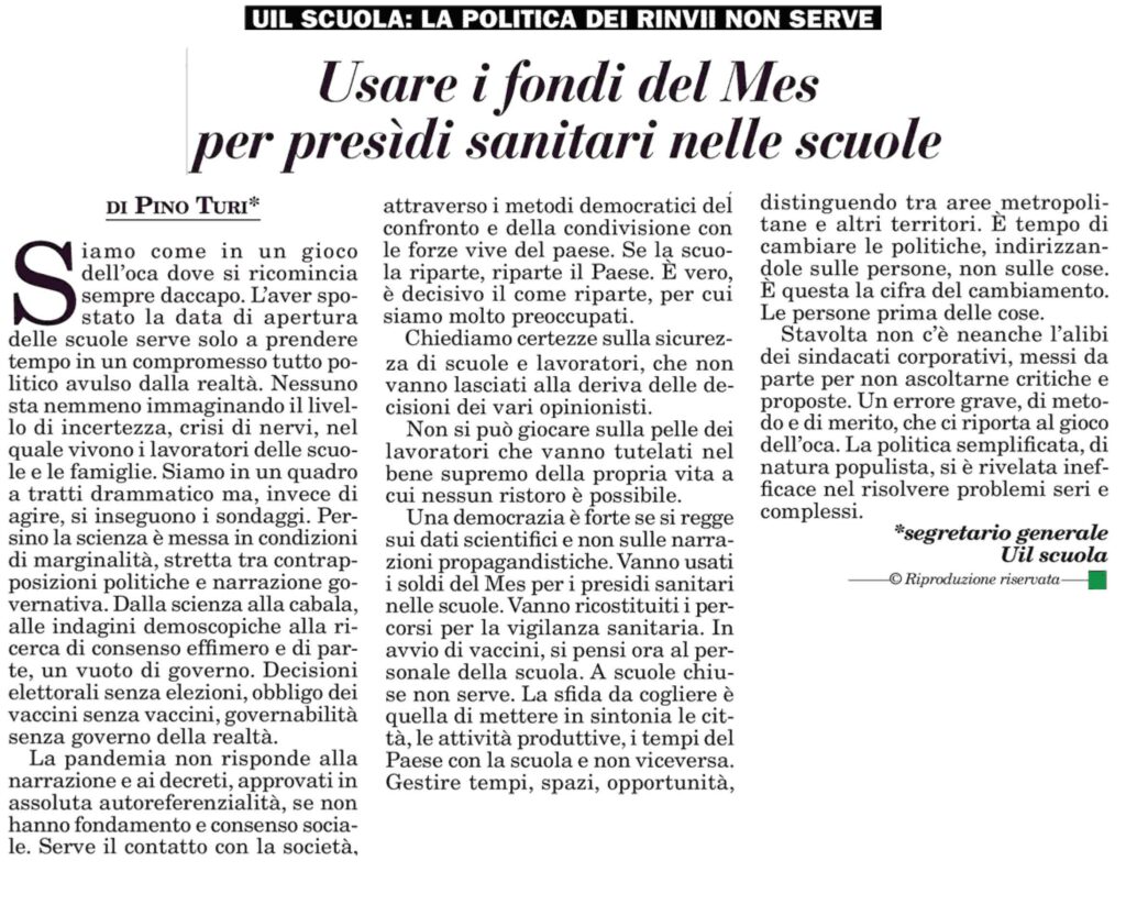 Turi: usare i fondi del Mes per presìdi sanitari nelle scuole