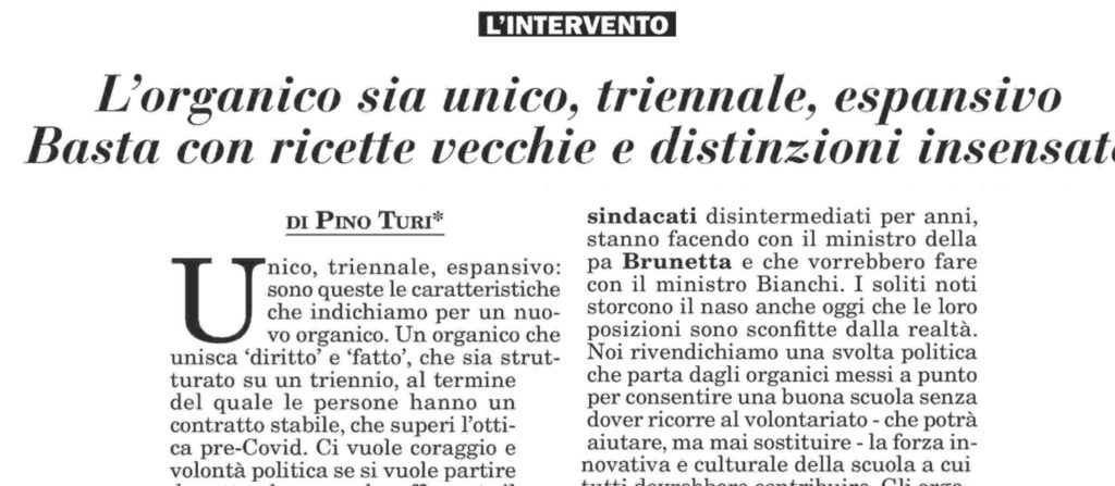 Italia Oggi / Turi: l’organico sia unico, triennale, espansivo. Basta con ricette vecchie.