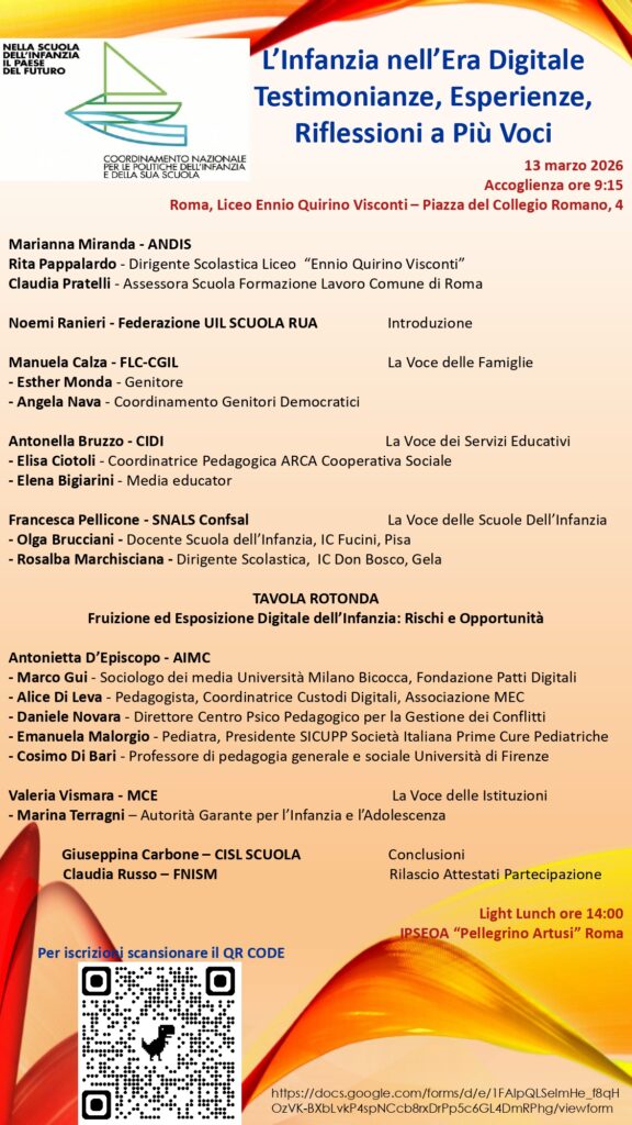 Il Coordinamento Nazionale per le politiche dell’Infanzia e delle sua scuola organizza a Roma il convegno “L’infanzia nell’era digitale”